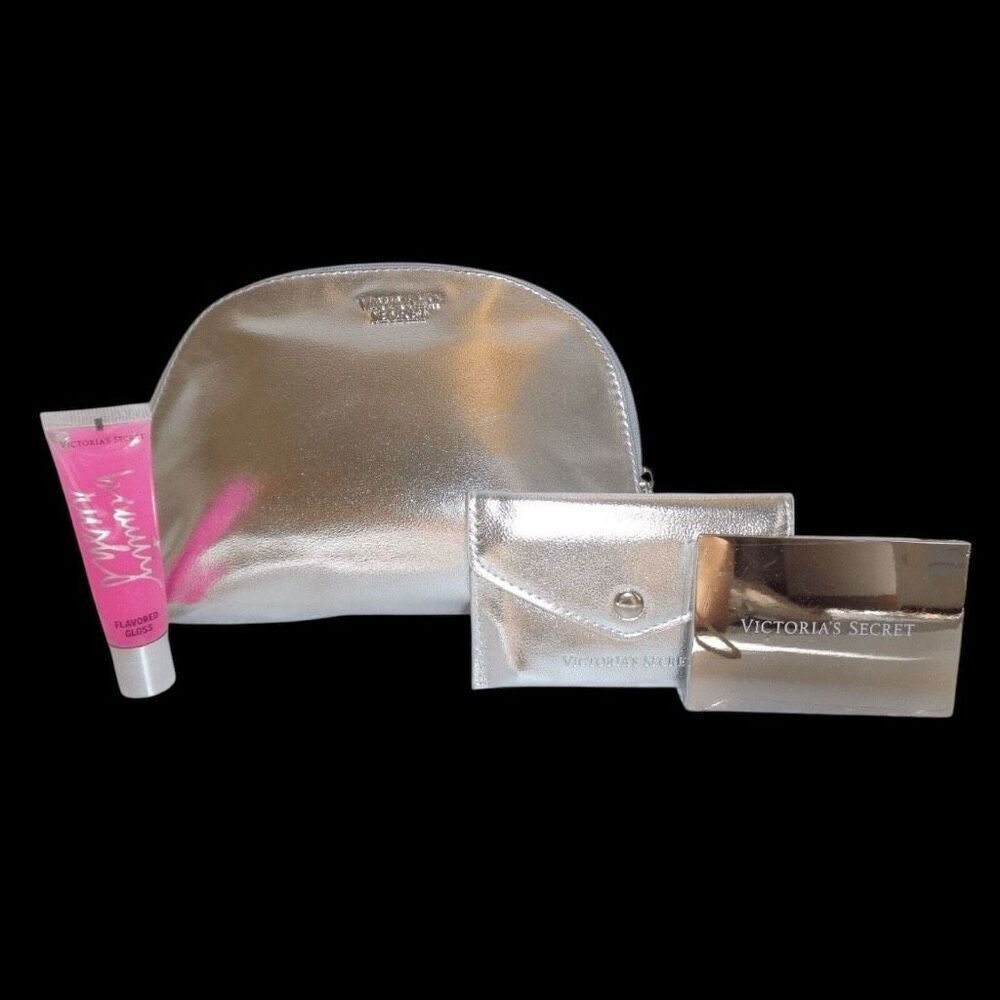 New Victoria's Secret 4 Pc Silver Beauty Kit Make Up Bag,Lip Gloss,Mirror Case